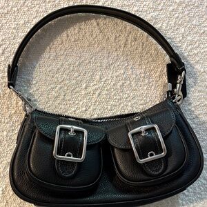 Coach Black Leather Double Front-Pocket Shoulder Bag with Buckles